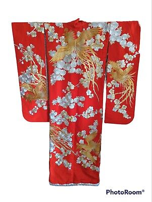 Uchikake Kimono Wedding Coat Red w/ Gold & Silver Embroidered Cranes Vintage