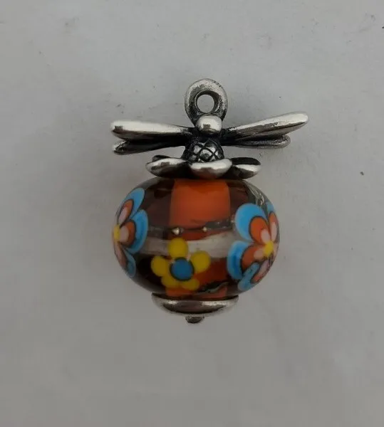 James Avery Retired .925 Dragonfly Finial Orange Floral Glass Art Charm