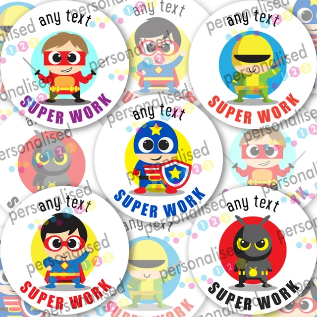 PERSONALISED REWARD STICKERS Superheroes Teacher Well Done Label School