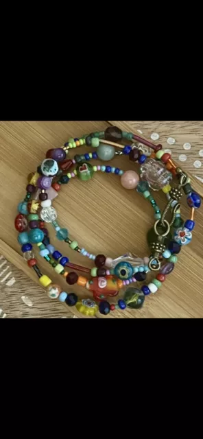 Fun Glass, Crystal & Seed Bead Wrap Bracelet/Necklace With Unique Brass Clasp