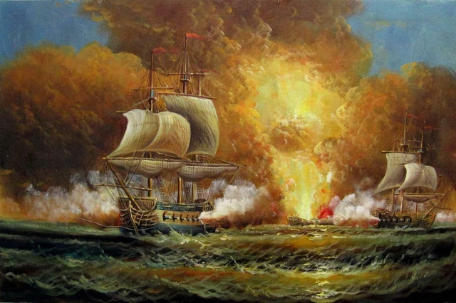 paysage marin guerre navale bateaux tableau peinture huile sur toile / war navy