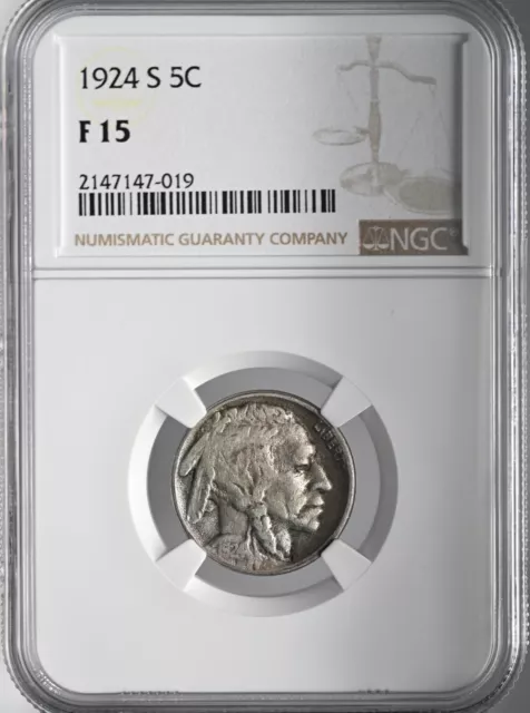 1924-S  5C Buffalo Nickel   Ngc F15  #2147147-019  Freshly Graded!