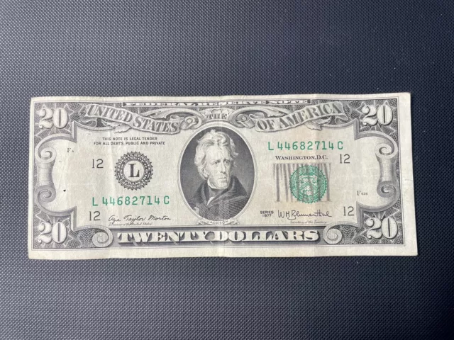 1977 $20 Misaligned Offcenter Printing Error San Francisco FRN Note