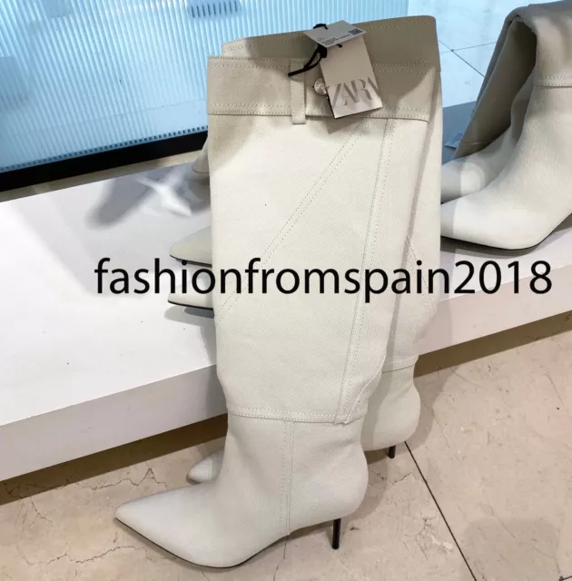 Zara New Woman Denim High-Heel Knee-High Boots Beige Ecru 35-42 3089/310