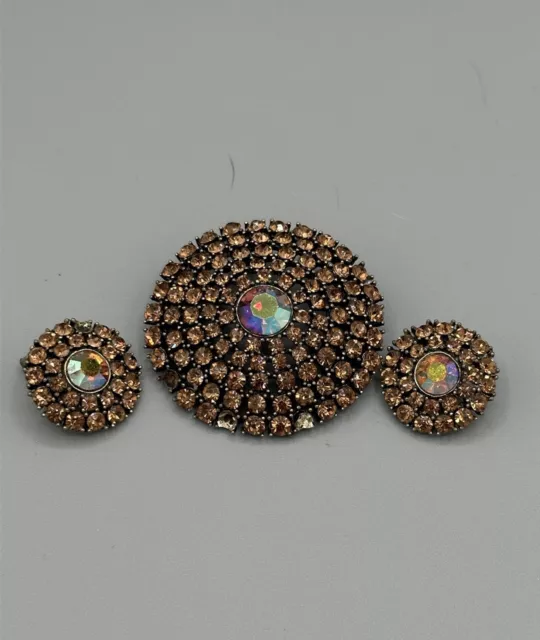 Weiss Amber Rhinestones Domed Round Brooch w/ Clip on Earrings