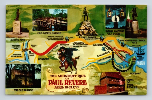 Multi-View Map Of Midnight Ride of Paul Revere Boston Massachusetts MA Postcard