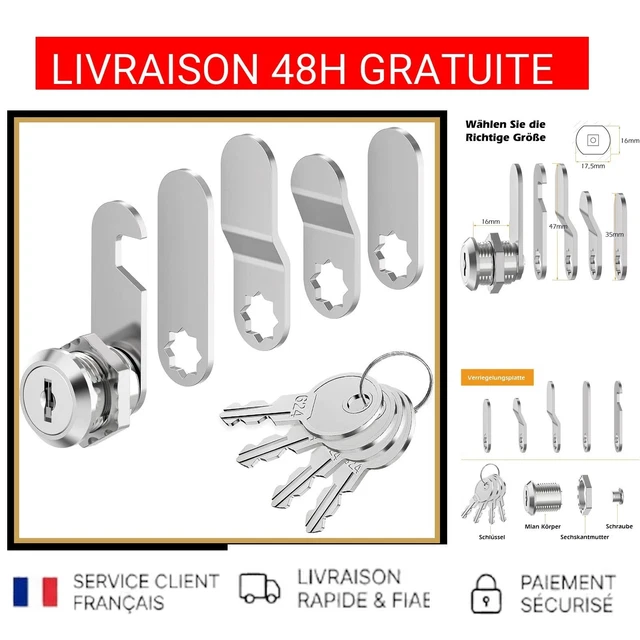 Barillet De Serrure à Crochet Pour Boîte Aux Lettres Ou Vestiaire – 16 Mm, 2 Clés Incluses