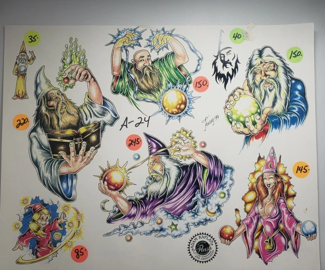 Arte del tatuaje flash de mago a todo color de Adam Kaplan