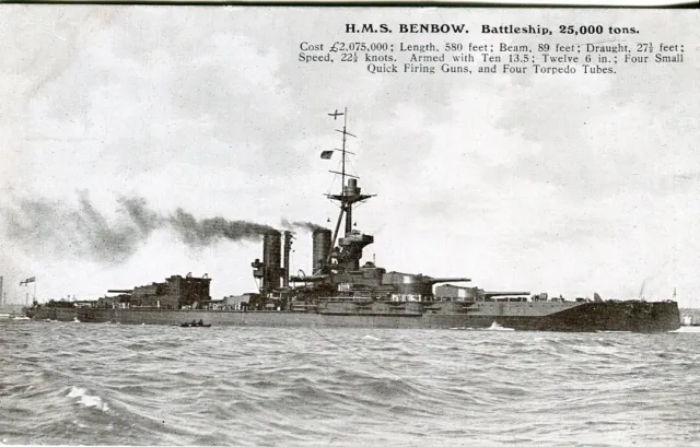HMS Benbow 1913 WWI Royal Navy dreadnought Iron Duke-class battleship postcard