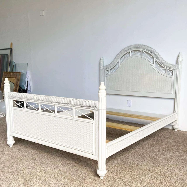 Boho Chic White Wicker Bamboo Rattan and Herringbone Queen Size Bed Frame