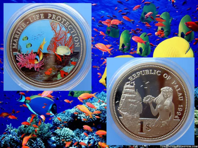Palau 1$ Farbmünze 1994 Marine Life Protection -- Farbige Meeresfauna  (PL03)