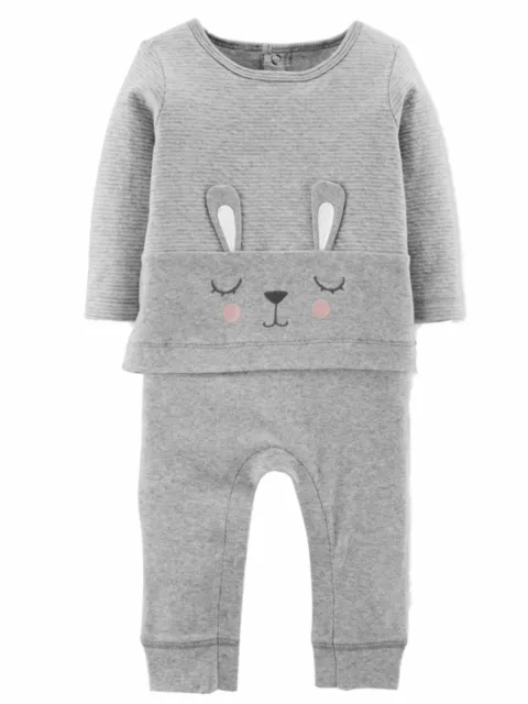 Carters Infant Girls Gray Striped Bunny Rabbit Mock-Layered Jumpsuit 24 Months