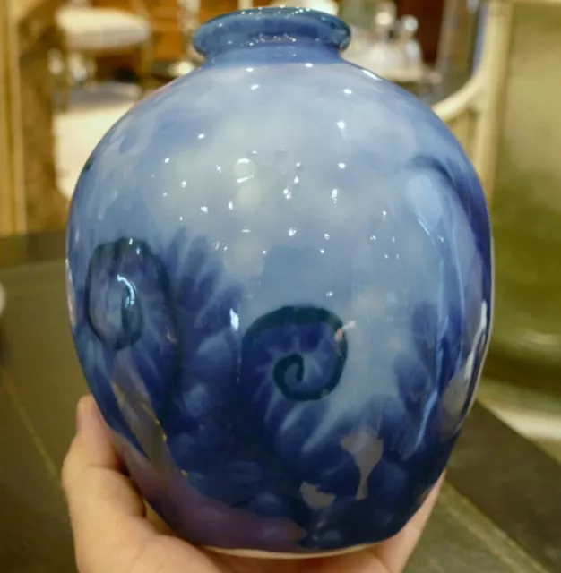 Camille Tharaud, Vase Art Déco Aux Fougères Bleu, Porcelaine De Limoges