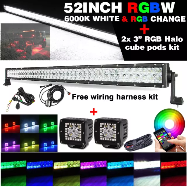 52 inch RGB LED Light Bar Multi Color Change Kit + 2x 3" RGB HALO Cube Pods Kit