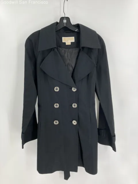 Michael Kors Womens Black Cotton Blend Double Breasted Button Trench Coat Size L