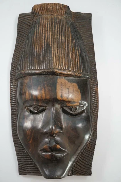 Vtg African Ebony Wood Carving Hand Carved Mask Head Figure 12" Folk Art Wall