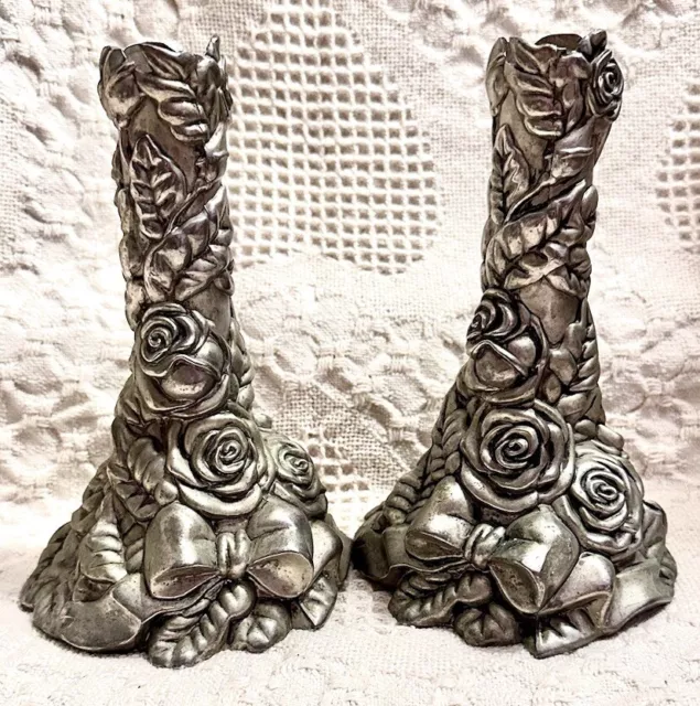 Gorgeous Ornate Roses & Bow Candle Stick Holders Silver Heavy Metal Rare Find