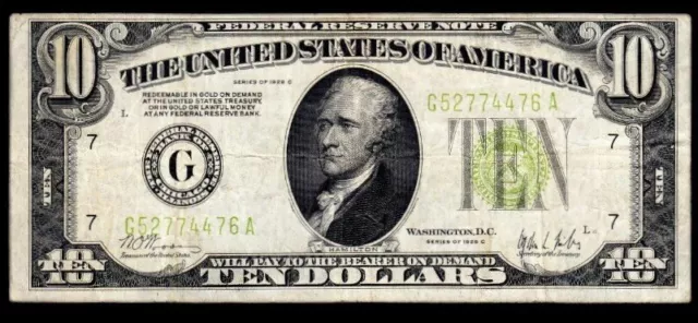 1928C Chicago $10 Gold On Demand LGS (Light Green Seal) Federal Reserve Note VF