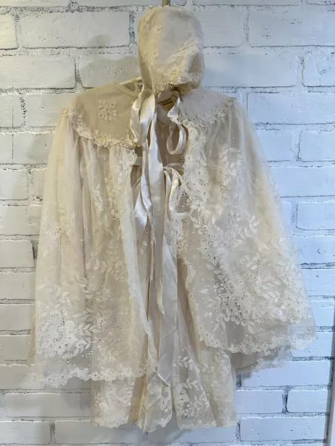 Vintage Christening Gown Cape & Bonnet 3 Piece Antique Ivory Gown Infant Baptism