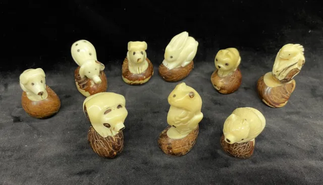 9 Vintage Tagua Nut Animal Figurines  - Hand Carved Menagerie