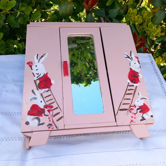 Rare ! Meuble de poupée ancien, jouet en bois, miroir, commode