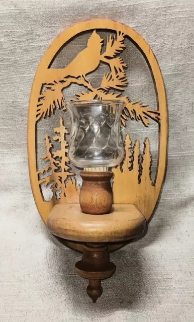 Vintage 12" Carved Wood Ornate Wall Sconce Candle Holder Bird On The Woods Scene