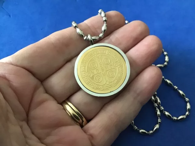 St BENEDICT Protection NECKLACE Two Tone Saint Medal Stainless Steel Spinner 29”