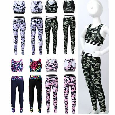 Kids Girls Outfit Sleeveless Camouflage Racer Back Stretchy Crop Leggings Pants