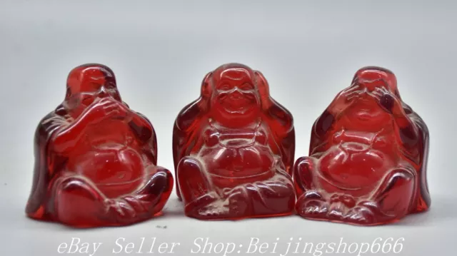 2.6" Old Chinese Amber Carved Happy Laugh Maitreya Buddha “不听 不看 不说” Statue Set