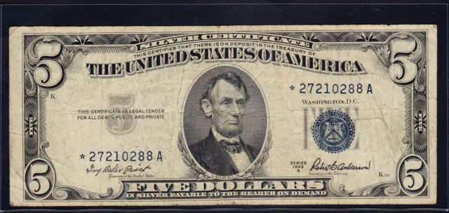 FR.1656* 1953A $5 Silver Certificate Star Note VF