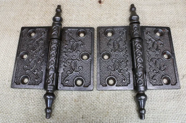 2 Old Door Hinges 3 X 3 1/2" Victorian Steeple Top Pin Vintage Clean Cast Iron