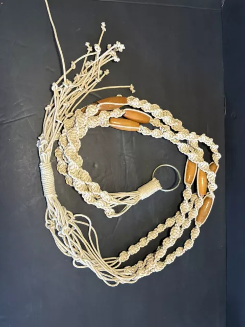 Vintage Macrame Plant Hanger With Wooden Beads 52” Braided Cotton Rope