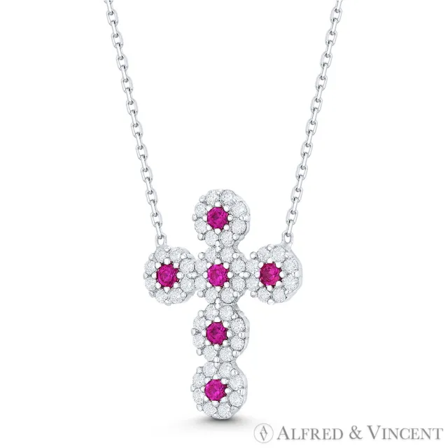 Modern Christian Cross Red Clear CZ Crystal 925 Sterling Silver Pendant Necklace