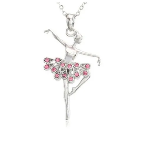 Dancing Ballerina Dancer Ballet Dance Pendant Necklace Jewelry Pink Crystal