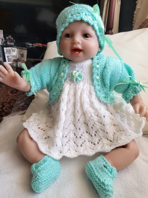 Hand Knitted Dress With Bolero,hat And Boots,to Fit 0/3m Or 20ins Reborn Doll