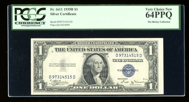 DBR $1 1935-B Silver Vinson DD Block Fr. 1611 PCGS 64 PPQ Serial D97314515D