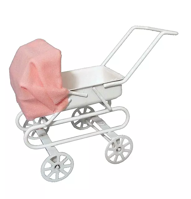 Puppenhaus 1/12th Kinderwagen Weiß Metall Mit Pink Kapuze