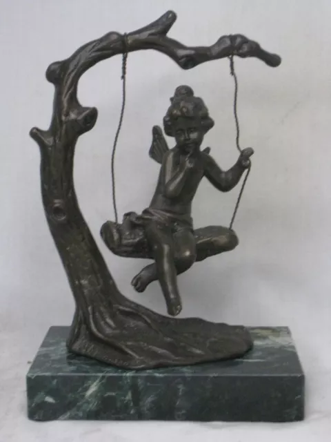 vintage bronze fairy on swing sculpture green marble Auguste Moreau Cupid detail