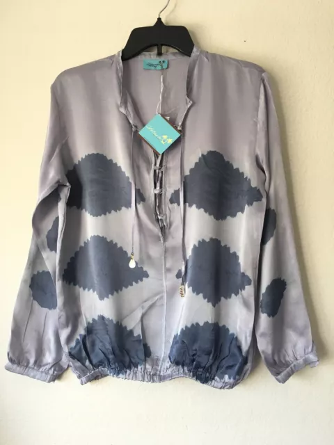 Letarte Handmade Womens Long Sleeve Blouse Top Blue Abstract Silk Size Small