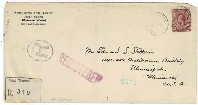 St. Vincent 1915 Kingstown cancel on registered cover to the U.S., SG 115