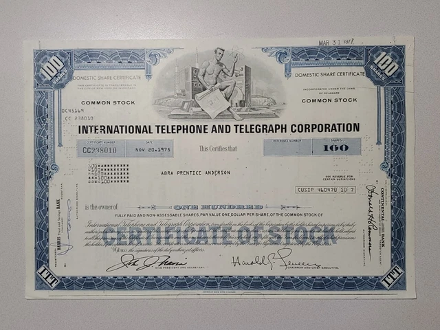 International Telephone and Telegraph Cancelled Stock Certificate