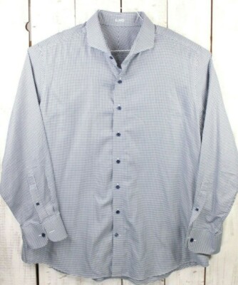 J. Hilburn Designer Button Front Blue Houndstooth Mens L/S Shirt 18.5 - 35 EUC