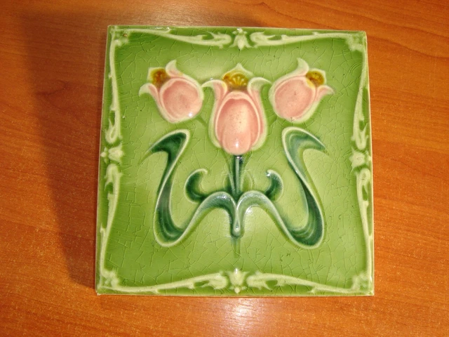 Reclaimed original period antique Art Nouveau Majolica tile rose & green flowers 2