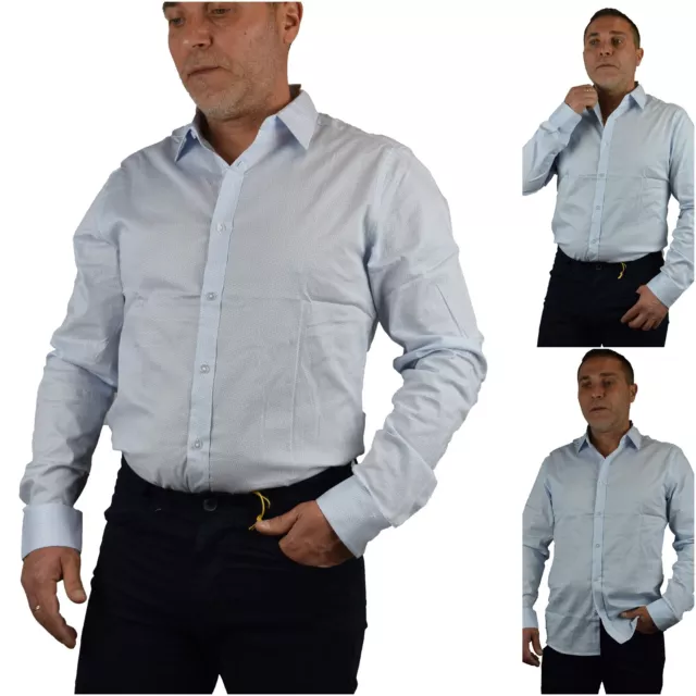 camicia uomo slim fit manica lunga a fantasia elasticizzata celeste cotone s m l