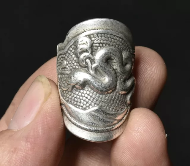 3.5CM Rare Old Chinese Miao Silver Snake Wealth Lucky Hand Jewelry Ring