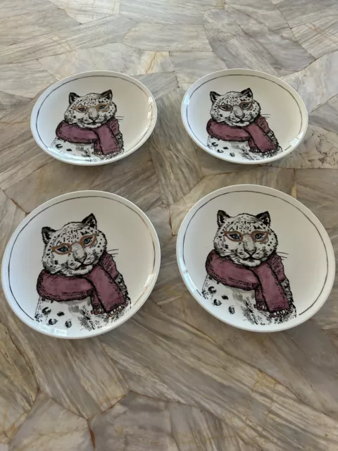 The Cellar Leopard Cat w/Purple Scarf Porcelain Salad Plate 9" Set Of 4