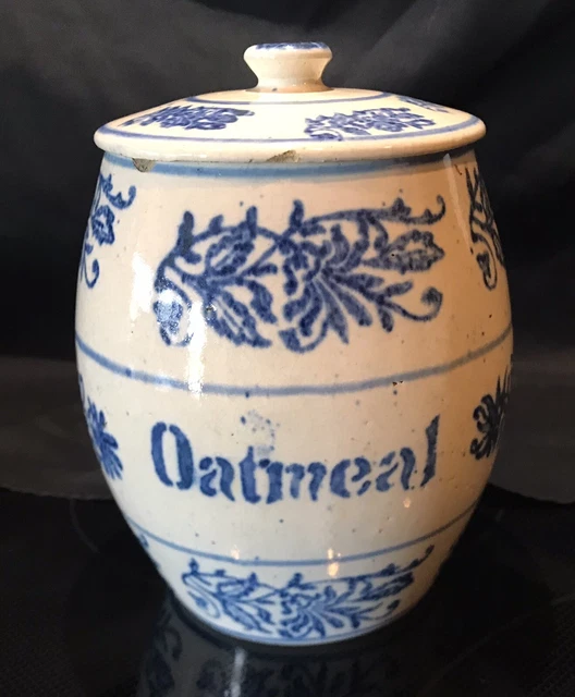 BRUSH McCOY BLUE & WHITE STENCILED WILDFLOWER OATMEAL POTTERY-STONEWARE CANISTER