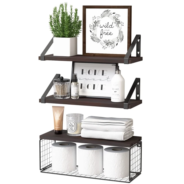 Floating Shelves for Bathroom with Basket, Wooden Wall Shelves