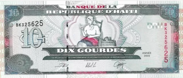 Haiti 2000 UNC Bill. Banknote 10 Gourdes Haiti Uncirculated. Ten Haitian Gourde