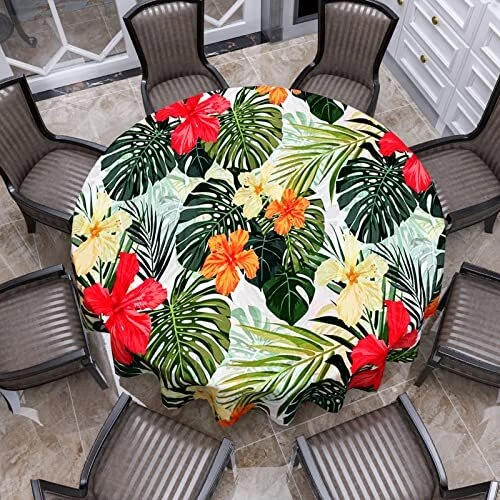 Tropical Round Tablecloth Hawaiian Palm Tree Hibiscus Flowers Plants Tableclo...